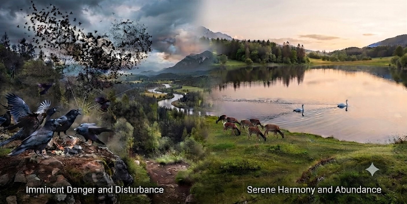A composite panoramic photograph featuring a distinct visual split across a natural mountain landscape, with all original text preserved as labels. The left side depicts "Imminent Danger and Disturbance," characterized by dark, stormy clouds. A cluster of large, raucous ravens is perched on a rocky outcrop in the foreground, with a mass flock of birds taking flight in the background, all rendered in cool, dark tones. Thin white lines of force radiate from the raven cluster towards the distant hills. A small hiker figure is visible in the middle distance on a path, looking towards the crows. The text "Imminent Danger and Disturbance" appears in the lower-left corners. The right side depicts "Serene Harmony and Abundance," bathed in warm, golden-hour light. A placid lake reflects the golden sky, with two white swans gliding on the water. A herd of deer is grazing on the lush, green meadow bank in the foreground. The overall composition conveys peace and tranquility. The text "Serene Harmony and Abundance" appears in the lower-right corners. The entire image merges these two contrasting atmospheres seamlessly across a common valley floor.